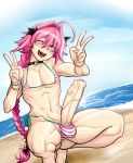  1boy abs astolfo_(fate) beach bikini braid double_v earrings erect_nipples erection fate/apocrypha fate_(series) french_braid heart heart-shaped_pupils jewelry large_penis long_hair male muscle navel ocean open_mouth painted_nails penis pink_eyes pink_hair ponytail precum ring side-tie_bikini smile squatting swimsuit symbol-shaped_pupils tammaro tammdraws testicles trap uvula v veins veiny_penis wristband 
