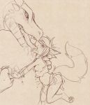  2018 4_fingers 4_toes anthro antiroo breasts canid canine casey_fennec clothed clothing dragon ear_tuft exposed_breasts eyebrows fangs female fennec fox hair inner_ear_fluff licking long_ears long_tail mammal medium_breasts nipples open_mouth panties pillow shoulder_tuft size_difference toes tongue tongue_out tuft underwear 