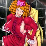  2girls bad_id bad_pixiv_id blonde_hair blue_eyes blush bow breasts cleavage dress drill_hair fang frills gaap groping hat hetero huge_breasts mochisunira multiple_girls netorare penis ribbon sex shannon sideboob smile sweat umineko_no_naku_koro_ni ushiromiya_george 