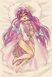  bad_id bad_pixiv_id barefoot bed bed_sheet bespectacled blush body_blush bow breath crescent dress dress_lift feet fingering from_above glasses hair_bow hat large_bow legs long_hair lying masturbation open_mouth patchouli_knowledge pillow pink_bow purple_eyes purple_hair robe sketch solo touhou tsun_(tsuncha) 