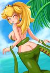  ass beach big_breasts blonde_hair blue_eyes blush breasts crown exhibitionism eyes_closed jewelry large_breasts long_hair looking_back nintendo nipples open_mouth photoshop ponytail princess_peach scared sideboob sigurdhosenfeld solo super_mario tentacle topless uncensored vore water 
