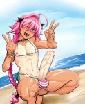  1boy abs astolfo_(fate) beach bikini braid double_v earrings erect_nipples erection fate/apocrypha fate_(series) french_braid heart heart-shaped_pupils jewelry large_penis long_hair male muscle navel ocean open_mouth painted_nails penis pink_eyes pink_hair ponytail precum ring side-tie_bikini smile squatting swimsuit symbol-shaped_pupils tammaro tammdraws tan tanline\r\n testicles trap uvula v veins veiny_penis wristband 