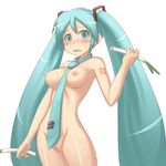  aaaa aqua_eyes aqua_hair between_breasts blush breasts hatsune_miku highres long_hair medium_breasts necktie nipples nude open_mouth pussy solo spring_onion sweatdrop twintails uncensored very_long_hair vocaloid 
