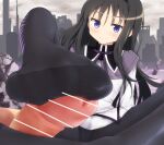  1boy 1girl akemi_homura bangs bar_censor bare_legs black_hair black_hairband black_legwear black_panties black_shirt blush censored cityscape clothed_female_nude_male collared_shirt commentary_request concrete footjob hairband hetero highres jitome long_hair looking_at_viewer maa_(maa1) magical_girl mahou_shoujo_madoka_magica neck_ribbon no_pants nude panties pantyhose penis pov purple_eyes purple_ribbon ribbon rubble ruins shirt smile toes underwear white_shirt wing_collar 