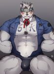  1boy abs ainu_clothes animal_ears arms_behind_back bara black_male_underwear blush bulge chest_hair feet_out_of_frame furry furry_male grey_fur grey_hair headband highres horkeu_kamui jockstrap large_pectorals looking_at_viewer male_focus male_underwear mikky milestone_celebration multicolored_hair muscular muscular_male navel navel_hair no_pants open_clothes open_shirt pectoral_cleavage pectorals police police_uniform short_hair silver_hair sitting small_head solo stomach thick_thighs thighs tokyo_afterschool_summoners two-tone_fur two-tone_hair underwear uniform white_fur wolf_boy wolf_ears yellow_eyes 