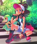  1girl absurdres arnaud_tegny bag_removed baseball_cap black_vest blue_eyes blush boots brown_hair day denim denim_shorts eyelashes hand_up hat high_ponytail highres hilda_(pokemon) long_hair outdoors parted_lips poke_ball poke_ball_(basic) pokemon pokemon_(creature) pokemon_(game) pokemon_bw shirt shorts sidelocks sitting sleeveless sleeveless_shirt smile snivy stairs vest white_shirt wristband 