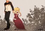  1boy 1girl absurdres bangsutur beatrice_(re:zero) blonde_hair book capelet checkered_background commentary crown dress drill_hair frilled_dress frilled_sleeves frills from_behind grey_background head_out_of_frame highres holding_hands mini_crown natsuki_subaru re:zero_kara_hajimeru_isekai_seikatsu track_suit twin_drills 