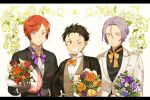  3boys ;d absurdres bangsutur blue_eyes bouquet commentary floral_background formal grin hair_slicked_back highres julius_juukulius looking_at_viewer male_focus multiple_boys natsuki_subaru one_eye_closed purple_hair re:zero_kara_hajimeru_isekai_seikatsu red_hair reinhard_van_astrea ribbon smile suit yellow_eyes 