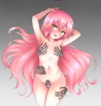  1girl artoise blush breasts covering covering_breasts covering_crotch english_commentary hairband hayate_no_gotoku! highres katsura_hinagiku long_hair looking_at_viewer navel nude open_mouth pink_hair simple_background skeleton small_breasts solo yellow_eyes 