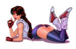  1girl :p ass braid breasts brown_eyes brown_hair calvin_sims commentary dougi elbow_rest fingerless_gloves full_body gloves headband highres leg_warmers legs_up looking_at_viewer lying on_stomach open_mouth shoes simple_background single_braid smile sneakers socks solo spandex the_king_of_fighters the_king_of_fighters_xv thighhighs tongue tongue_out yuri_sakazaki 