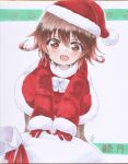  1girl absurdres bangs brown_hair christmas commentary_request dress fur-trimmed_dress fur-trimmed_headwear fur-trimmed_sleeves fur_trim gloves gradient_hair hat highres kantai_collection looking_at_viewer marker_(medium) multicolored_hair mutsuki_(kancolle) pantyhose red_dress red_gloves red_hair red_headwear sack santa_costume santa_dress santa_hat short_hair solo traditional_media yuuki_chima 