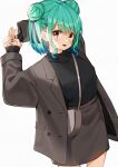  1girl :d alternate_costume arms_behind_head bag blazer braid casual double_bun earrings french_braid green_hair hair_ornament hairclip handbag high-waist_skirt highres hololive jacket jewelry nail_polish open_mouth red_eyes simple_background skirt smile solo sweater uruha_rushia virtual_youtuber white_background zumi6 