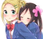  2girls blonde_hair blue_jacket blush bow bowtie brown_hair carrying closed_eyes closed_mouth collared_shirt dot_nose eyebrows_visible_through_hair flower forehead green_eyes hair_flower hair_ornament hairclip hairpin hitori_bocchi hitoribocchi_no_marumaru_seikatsu jacket long_hair looking_at_viewer multiple_girls one_side_up parted_lips piggyback pink_flower red_bow red_bowtie school_uniform shirt simple_background sk02 sleeping smile sotoka_rakita upper_body white_background white_shirt 