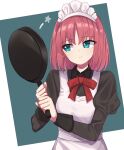  1girl apron bangs black_dress blue_eyes bow bowtie closed_mouth commentary_request dress expressionless eyebrows_visible_through_hair frying_pan highres hisui_(tsukihime) holding holding_frying_pan juliet_sleeves long_sleeves looking_to_the_side maid maid_apron maid_headdress melty_blood pocchari puffy_sleeves red_bow red_hair short_hair solo star_(symbol) tsukihime upper_body white_apron 