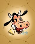  anthro bell black_eyes bovid bovine cattle clarabelle_cow coppertopink cowbell disney eyelashes eyeshadow female happy hi_res horn lipstick makeup mammal signature simple_background smile solo yellow_background 