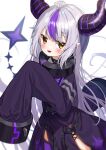  1girl braid cuffs dress eyebrows_visible_through_hair french_braid highres hololive horns la+_darknesss long_hair long_sleeves multicolored_hair purple_hair purple_legwear shackles silver_hair single_thighhigh sleeves_past_wrists solo streaked_hair thighhighs virtual_youtuber white_background yellow_eyes zumi6 