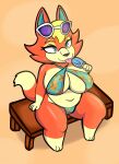  2021 absurd_res animal_crossing anthro audie_(animal_crossing) beach belly bench big_breasts bikini blonde_hair breasts canid canine canis cleavage_cutout clothing curvy_figure digital_media_(artwork) eyelashes eyeshadow eyewear feet female fingers food fur hair hi_res huge_breasts makeup mammal multicolored_body multicolored_fur navel nintendo orange_body orange_fur popsicle seaside short_hair simple_background sitting slightly_chubby smile solo someth1ngoranother sunglasses swimwear tan_body tan_fur teal_eyes thick_thighs toes tongue tongue_out two_tone_body two_tone_fur video_games voluptuous wide_hips wolf 