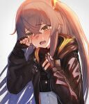  1girl bangs black_gloves black_jacket blush brown_hair dakunesu eyebrows_visible_through_hair fingerless_gloves girls&#039;_frontline gloves hair_ornament hairclip hand_on_own_face highres jacket long_hair looking_down open_clothes open_jacket open_mouth solo tears twintails ump45_(girls&#039;_frontline) upper_body white_background yellow_eyes 