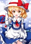  1girl :d apron ascot bangs blonde_hair blue_dress bow cowboy_shot dress elbow_gloves eyebrows_visible_through_hair frilled_dress frills gloves grey_background hand_on_headwear hat hat_bow highres kana_anaberal looking_at_viewer open_mouth orange_eyes puffy_short_sleeves puffy_sleeves red_bow red_neckwear road_sign ruu_(tksymkw) short_hair short_sleeves sign smile solo standing touhou touhou_(pc-98) waist_apron white_apron white_gloves white_headwear 
