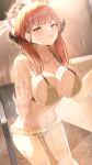  1girl against_glass aru_(blue_archive) bangs bare_arms bare_shoulders bikini blue_archive blush breast_press breasts breasts_on_glass cleavage closed_mouth collarbone condensation frilled_bikini frills groin halo highres horns indoors large_breasts lips long_hair navel pepeo raised_eyebrows red_hair showering solo standing swimsuit water_drop yellow_bikini yellow_eyes 
