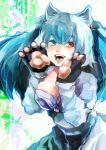  1girl absurdres animal_ears animal_hands bangs blue_hair breasts cat_ears cat_paws eyebrows_visible_through_hair green_background green_eyes green_hair hands_up heterochromia highres kyuuba_melo large_breasts long_hair long_sleeves multicolored_background red_eyes shiny shiny_hair smile teeth tokyo_ghoul tokyo_ghoul:re tongue twintails upper_body upper_teeth white_background yonebayashi_saiko 