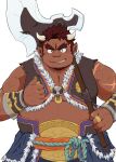  1boy axe bara belly brown_hair cow_boy cow_horns cross_scar dark-skinned_male dark_skin facial_hair forked_eyebrows goatee grin holding holding_axe horns large_pectorals long_sideburns looking_at_viewer male_focus muscular muscular_male over_shoulder pectoral_cleavage pectorals scar scar_on_arm short_hair sideburns sleeveless smile solo tetsuox_(housamo) thick_eyebrows tokyo_afterschool_summoners upper_body weapon weapon_over_shoulder yakiniku0141 