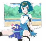  1girl arm_support blue_bodysuit blue_eyes blue_gloves blue_hair bodysuit bright_pupils commentary_request freckles gloves hairband highres lana_(pokemon) looking_at_viewer nemimini no_sclera pokemon pokemon_(anime) pokemon_sm_(anime) popplio short_hair sitting tongue tongue_out ultra_guardians_uniform white_pupils yellow_hairband 