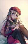  1girl absurdres ak74m_(girls&#039;_frontline) artist_name bangs beret black_legwear blonde_hair blue_eyes blush breasts closed_mouth dated eyebrows_visible_through_hair girls&#039;_frontline hair_between_eyes hair_ornament hat headset highres long_hair looking_at_viewer medium_breasts mocha033 pantyhose red_skirt russian_flag simple_background sitting skirt smile snowflake_hair_ornament solo tactical_clothes 