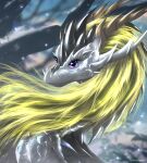  2021 azaries_amnera blonde_hair day detailed_background digital_media_(artwork) dragon eyelashes female feral grey_body grey_scales hair heralds_of_the_avirentes hi_res horn long_hair looking_away outside purple_eyes scales scalie shaded sky smile snow solo telleryspyro water western_dragon winter 