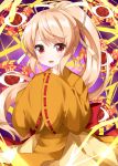  1girl :d bangs blonde_hair cowboy_shot dress eyebrows_visible_through_hair hands_in_opposite_sleeves highres long_sleeves looking_at_viewer open_mouth orange_dress ponytail purple_background red_eyes ribbon-trimmed_sleeves ribbon_trim ruu_(tksymkw) smile solo standing touhou touhou_(pc-98) wide_sleeves yuugenmagan 