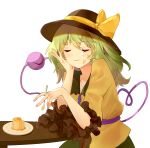  1girl absurdres bow closed_eyes food frills green_hair hand_on_own_cheek hand_on_own_face hand_up hat hat_bow heart heart_of_string highres holding holding_spoon koishi_rockv komeiji_koishi long_hair pudding simple_background solo spoon table third_eye touhou upper_body white_background 