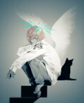  1boy angel_wings aqua_eyes barefoot blurry brown_hair cat depth_of_field feathered_wings fujimaru_(inumog) full_body grey_background grey_pants halo hand_on_own_arm kanae_(nijisanji) long_sleeves looking_at_viewer male_focus nijisanji outstretched_arm pants shirt short_hair silhouette sitting sitting_on_stairs sleeves_past_wrists smile stairs virtual_youtuber white_shirt white_wings wings 