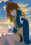  1girl :d absurdres amicia_michella artist_name blonde_hair blue_jacket blurry blurry_background brown_hair cloud cup depth_of_field drawstring green_eyes highres holding holding_cup hood hoodie jacket lazycoffee_(wyen_iscordo) long_hair long_sleeves messy_hair mug multicolored_hair nijisanji nijisanji_id off_shoulder sitting sky smile solo steam sunrise two-tone_hair 