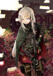  1girl :o absurdres ak-74m ak74m_(girls&#039;_frontline) ammunition_belt ammunition_pouch assault_rifle bangs black_legwear blonde_hair breasts camouflage camouflage_cloak camouflage_gloves chrom_3201 cloak eyebrows_visible_through_hair feet_out_of_frame girls&#039;_frontline gloves green_cloak green_gloves gun hair_ornament headphones headset highres holding holding_gun holding_weapon holster jacket kalashnikov_rifle long_hair looking_away medium_breasts open_mouth pantyhose pouch purple_eyes red_skirt rifle russian_flag russian_text serious skirt snowflake_hair_ornament solo standing tactical_clothes weapon 