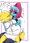  absurd_res alphys animal_humanoid anthro biped blue_body blue_skin blush clothing coat duo ear_fins eye_patch eyewear female fin fish fish_humanoid gills glasses hair hi_res humanoid japanese_text lab_coat marine marine_humanoid nuba_ball ponytail red_hair scalie slightly_chubby teeth text topwear undertale_(series) undyne yellow_tail 