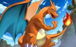  charizard claws cloud commentary_request day fangs fire flame from_below green_eyes no_humans open_mouth outdoors pokemon pokemon_(creature) sky solo superciderx tongue tree 