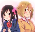  2girls :d blazer blonde_hair blue_jacket blush bow bowtie brown_hair collared_shirt commentary_request dot_nose eyebrows_visible_through_hair flower gradient gradient_background hair_flower hair_ornament happy hitori_bocchi hitoribocchi_no_marumaru_seikatsu jacket long_hair looking_at_viewer mole mole_under_eye multiple_girls one_side_up orange_sweater pink_flower red_bow red_bowtie red_eyes school_uniform shirt short_hair side-by-side simple_background sk02 smile sunao_nako sweater upper_body yellow_eyes 
