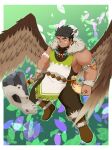  1boy absurdres animal_skull another_eidos-r baggy_pants bara black_hair brown_wings dark-skinned_male dark_skin facial_mark feather_hair_ornament feather_necklace feathered_wings feathers flying full_body fur_collar gin_no_hikari green_eyes hair_ornament highres holding holding_weapon large_pectorals leaf leaf_background long_sideburns male_focus mature_male muscular muscular_male native_american pants pectorals pelvic_curtain short_hair siddeley_(another_eidos) sideburns sidepec sleeveless solo spread_wings thick_eyebrows weapon wings 