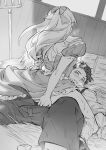  1boy 1girl :t arm_behind_back back_bow bangs barefoot barn blush bow cheek_poking cowgirl_position dress dutch_angle ear_blush facing_away floating_hair girl_on_top grabbing greyscale hair_bow hand_on_another&#039;s_cheek hand_on_another&#039;s_face hay hetero jowell_she knee_up kneehighs long_hair long_sleeves lying messy_hair monochrome off_shoulder on_back original pants partially_undressed pitchfork poking sex shade shoes short_hair short_sleeves straddling suspenders sweat tears teasing 