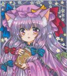  1girl :o animal_ear_fluff animal_ears blue_ribbon blush book cat_ears crescent crescent_hat_ornament dress eyebrows_visible_through_hair hat hat_ornament hat_ribbon holding holding_book long_hair long_sleeves looking_at_viewer marker_(medium) mob_cap open_mouth patchouli_knowledge pink_dress pink_headwear purple_eyes red_ribbon ribbon ribbon-trimmed_sleeves ribbon_trim rui_(sugar3) sample solo star_(symbol) striped striped_dress touhou traditional_media vertical_stripes wide_sleeves 