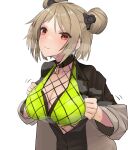  1girl absurdres bangs blush bra breasts brown_coat brown_shirt choker cleavage closed_mouth coat collarbone double_bun eyebrows_visible_through_hair girls&#039;_frontline green_bra highres light_brown_hair lock looking_at_viewer medium_breasts medium_hair open_clothes open_shirt p90_(girls&#039;_frontline) red_choker red_eyes shirt solo sweat sweatdrop underwear upper_body uwu white_background yanagui 