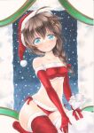  1girl absurdres ahoge bangs bare_shoulders bikini braid brown_hair christmas fur-trimmed_headwear fur_trim gloves hair_between_eyes hair_flaps hair_over_shoulder hat highres kantai_collection marker_(medium) midriff red_gloves red_legwear remodel_(kantai_collection) sack santa_bikini santa_costume santa_hat shigure_(kancolle) single_braid smile solo swimsuit thighhighs traditional_media yuuki_chima 