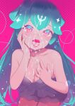  1girl aqua_hair bangs bao_(vtuber) blue_hair blush breasts cum cum_in_mouth cum_on_body cum_on_breasts cum_on_hair cum_on_hands cum_on_tongue dress eyebrows_behind_hair facial hand_on_own_chest hand_on_own_face highres indie_virtual_youtuber jewelry liquid_hair long_hair looking_at_viewer medium_breasts multicolored_hair open_mouth pink_eyes pumpkinspicelatte purple_dress simple_background solo sparkle strapless strapless_dress teeth upper_teeth very_long_hair virtual_youtuber 