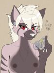  anthro blonde_hair breasts brown_body brown_fur chastity_cage chastity_device chest_tuft claws dialogue dominant dominant_female ear_piercing female fur hair hi_res hyaenid lock mammal narrowed_eyes nipples nude padlock piercing red_eyes rumor sheptember solo striped_hyena tuft 
