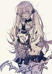  1girl blush bow_(weapon) cupitan_(granblue_fantasy) eyebrows_visible_through_hair eyes_visible_through_hair granblue_fantasy hair_between_eyes hair_ornament hibitono highres jacket monochrome open_mouth simple_background skirt solo torn_clothes twintails weapon white_background 