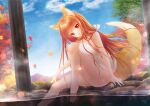  1girl ainili animal_ears autumn_leaves bangs bare_arms bare_legs bare_shoulders barefoot blue_sky blush breasts closed_mouth cloud commentary_request commission day eyebrows_visible_through_hair fox_ears fox_girl fox_tail knee_up large_breasts leaf long_hair looking_at_viewer maple_leaf mountain naked_towel orange_hair original outdoors red_eyes sitting skeb_commission sky smile solo tail towel tree very_long_hair water 