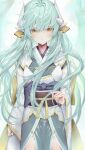  1girl bangs blush breasts dmith dragon_girl dragon_horns fate/grand_order fate_(series) green_hair highres horns japanese_clothes kimono kiyohime_(fate) long_hair long_sleeves looking_at_viewer medium_breasts multiple_horns obi sash thighhighs thighs white_legwear wide_sleeves yellow_eyes 