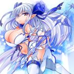  1girl bemani blue_ribbon boots breasts cleavage closed_mouth eyebrows_visible_through_hair eyes_visible_through_hair hair_between_eyes hair_ribbon high_heel_boots high_heels large_breasts leg_up long_hair navel orange_eyes ortlinde=nblg=valkyria pointy_ears ribbon sate_hatena silver_hair solo sound_voltex star_(symbol) thigh_boots thighhighs thighs very_long_hair white_footwear 