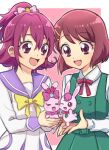  2girls :d aida_mana border bow bowtie brown_hair bunny color_connection commentary_request dokidoki!_precure dress eyebrows_visible_through_hair flipped_hair flower green_dress hair_between_eyes hair_flower hair_ornament hairclip half_updo hanadera_nodoka happy healin&#039;_good_precure highres looking_at_animal looking_at_another medium_hair mofuko multiple_girls neck_ribbon oogai_daiichi_middle_school_uniform open_mouth outline outside_border pinafore_dress pink_background pink_bow pink_eyes pink_hair pink_ribbon pink_theme pleated_dress precure purple_sailor_collar rabirin_(precure) ribbon sailor_collar school_uniform sharuru_(dokidoki!_precure) shirt simple_background smile sukoyaka_middle_school_uniform trait_connection upper_body white_border white_outline white_shirt yellow_bow yellow_bowtie 