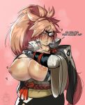  1girl angry areolae armor baiken bangs big_hair black_jacket black_kimono breast_grab breasts cowboy_shot english_commentary english_text eyepatch facial_tattoo grabbing greaves guilty_gear guilty_gear_xrd heart high_ponytail highres huge_breasts huge_nipples jacket jacket_on_shoulders japanese_clothes kataginu kimono krekkov large_areolae long_hair looking_at_viewer multicolored_clothes multicolored_kimono nipple_piercing nipple_slip nipples one-eyed open_clothes open_kimono piercing pink_background pink_hair ponytail samurai sash scar scar_across_eye scar_on_face scowl shiny shiny_hair shiny_skin sidelocks solo sound_effects steaming_body tattoo very_long_hair white_kimono wide_sleeves yellow_eyes 